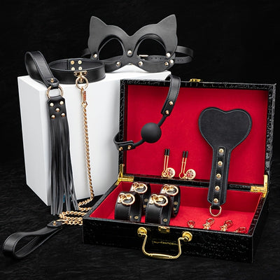 8pcs Leather Cat Ear Mask Set, Sexy Nipple Clip, Wrist Handcuffs, Collar, Drawstring, Edge Whip, Mouth Ball, Love Game Accessories, Sex Toys, Perfect Holiday Gift