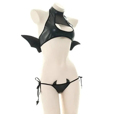 Sexy Patent Leather Women Lingerie Set Little Devil Wings Underwear SM Flirting Open Chest Underwear Porn Bra Costume