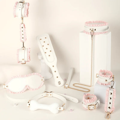 6 PCS BDSM Bondage Set White Maid Role Play Restraints Kit SM Fetish Toys Handcuff Slave Collar Blindfold for Couples Sex Games