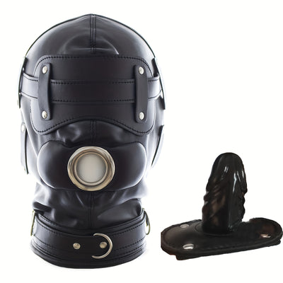 Black Leather BDSM Head Hood with Removable Blindfold And Dildos Mouthpiece Gag - Adult Sex Toy, SM Bondage Accessories Valentine'S Day Gift