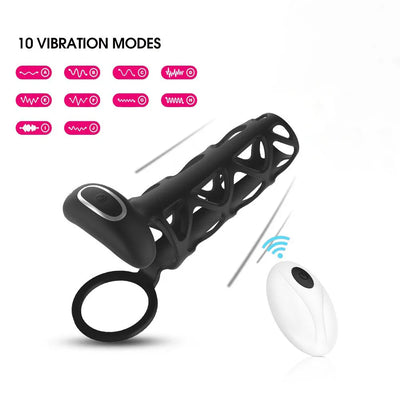 Icon chart displaying 10 vibration modes on black wireless cock ring sleeve