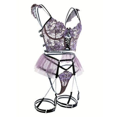 Women's Seductive Sheer Gauze Fishnet Lingerie Set with Floral Embroidery - V Neck Open Back Off The Shoulder Comfortable Bra with Underwire & Thong & Waistband with Chain Garter Belt - Perfect for Uniform Temptation