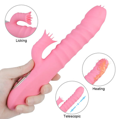 12 Vibration 5 Telescopic Modes Vagina G Spot Massager Heated Dildo Tongue Licking Vibrator Clitoris Stimulator