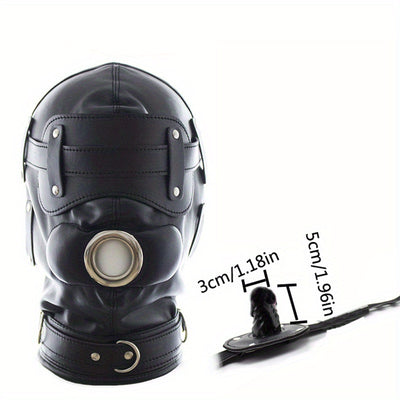 Black Leather BDSM Head Hood with Removable Blindfold And Dildos Mouthpiece Gag - Adult Sex Toy, SM Bondage Accessories Valentine'S Day Gift