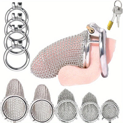 Stainless Steel Penis Cage, Mesh Penis Cage with 4 Rooster Rings Male Chastity Device Set, Restraint Penis Chastity Belt Rooster Cage, Adult Bondage Game Sex Toys (XXL, Round Ring 55mm)