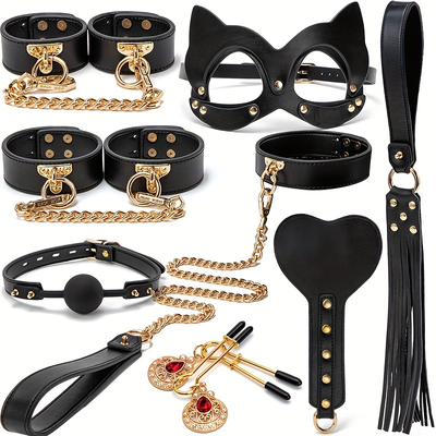 8pcs Leather Cat Ear Mask Set, Sexy Nipple Clip, Wrist Handcuffs, Collar, Drawstring, Edge Whip, Mouth Ball, Love Game Accessories, Sex Toys, Perfect Holiday Gift