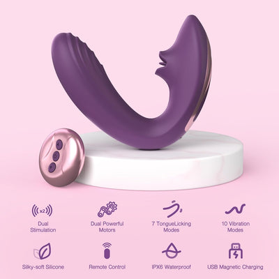 Tracy's Dog Clitoral Licking G Spot Vibrator, Tongue Adult Toys with Remote Control for Women Couple Play, Vibrating Sex Toy for Double Stimulation with 7 Licking & 10 Vibration Patterns, Purple