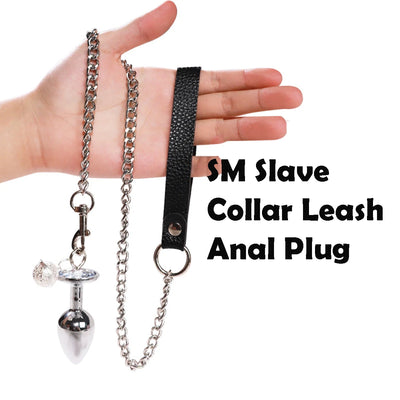BDSM Bondage Gear Collar Leash Butt Plug Set SM Slave Butt Plug with Ring Bell Chain Slave Leashes Adult Couple Porn Games Kits