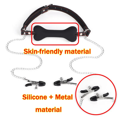 SM Sexy Leather Mouth Plug and Nipple Clamps, Silicone Dog Bone for BDSM, SM Bondage Game for Couples Enhance Sex Pleasure