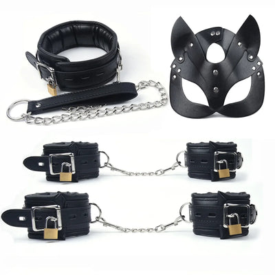 4Pcs Bondage Set Black Leather Sponge Handcuffs For Sex Anklecuffs +Handcuffs+Collar+ mask+5 Lock Sex Toys for Adult Games