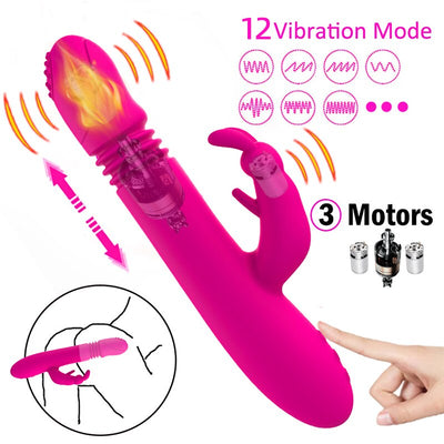 Telescopic กระต่ายสั่นความร้อนหมุน G Spot Dildo Vibrator Anal Clit Stimulator หญิง Masturbation เซ็กซ์ทอยสำหรับผู้หญิง