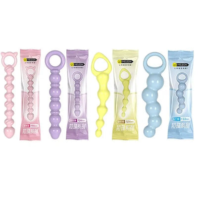 Multicolor anal beads with finger ring handles in pink, purple, yellow and blue for adults
