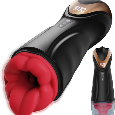 Automatic oral male masturbator showing realistic soft TPE tongue entry and protective cap