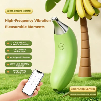 Green banana desire vibrator displayed with smartphone app control feature list