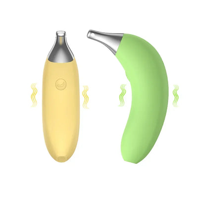 Front and profile view of yellow and green banana vibrators with vibration frequency waves