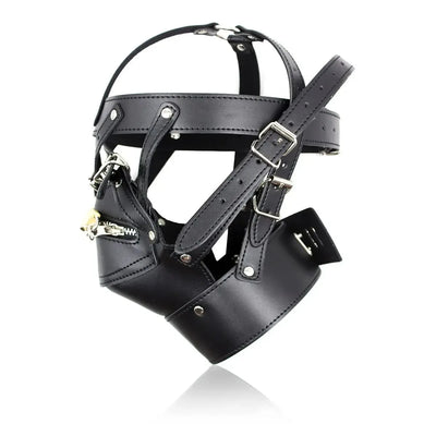 Side view of adjustable strap BDSM restraint headgear fetish hood mask for couples