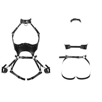 Front and back strap layout of black leather BDSM body harness set with collar and thigh straps
