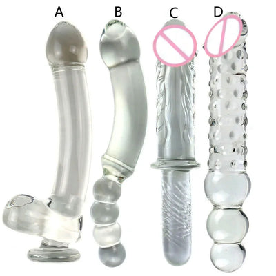 Clear borosilicate glass dildo in four designs for G-spot clitoral and prostate stimulation
