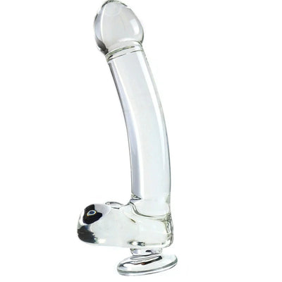 Clear glass dildo with suction cup base for hands-free use