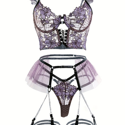 Women's Seductive Sheer Gauze Fishnet Lingerie Set with Floral Embroidery - V Neck Open Back Off The Shoulder Comfortable Bra with Underwire & Thong & Waistband with Chain Garter Belt - Perfect for Uniform Temptation