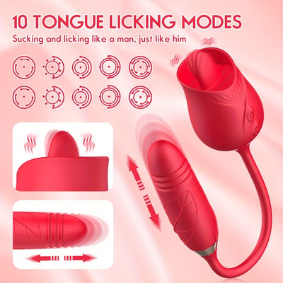 Rose Toy Vibrator For Women, 3 In 1 Clitoral Stimulator Tongue Licking Thrusting G Spot Dildo Vibrator With 10 Modes, Vaginal Anal Masturbation Massager, Rose Adult Sex Toys Games, Clit Nipple Licker For Women Man Couples
