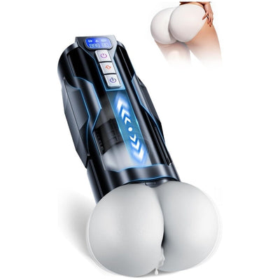Hands-free electric heated male masturbator with foldable handle on white background