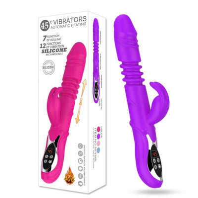 Heated rabbit vibrator product packaging box and real product display in purple and pink