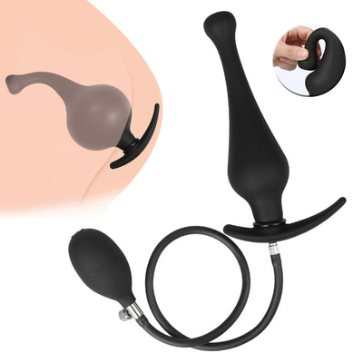 Black inflatable anal plug with air pump and flared base for adult wellness