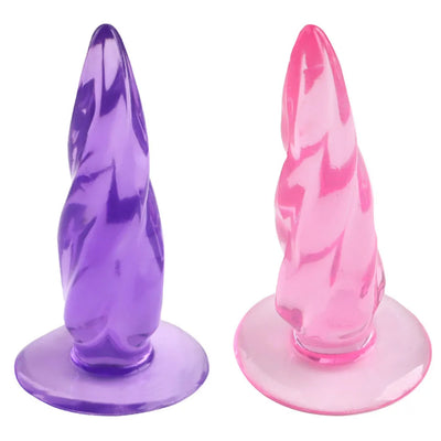 Purple and pink soft jelly tower anal plug with strong suction cup base for waterproof adult play
