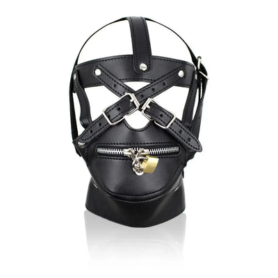 Front and back view of lockable black PU leather BDSM head harness with padlock