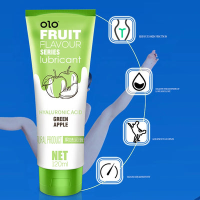 Benefits infographic for OLO water-based hyaluronic acid fruit lubricant