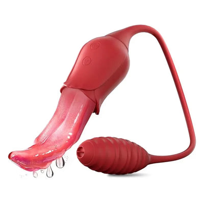 Render of 2-in-1 rose tongue licking vibrator with ribbed G-spot massager tip