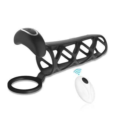 Black wireless remote vibrating cock ring and hollow penis extender sleeve